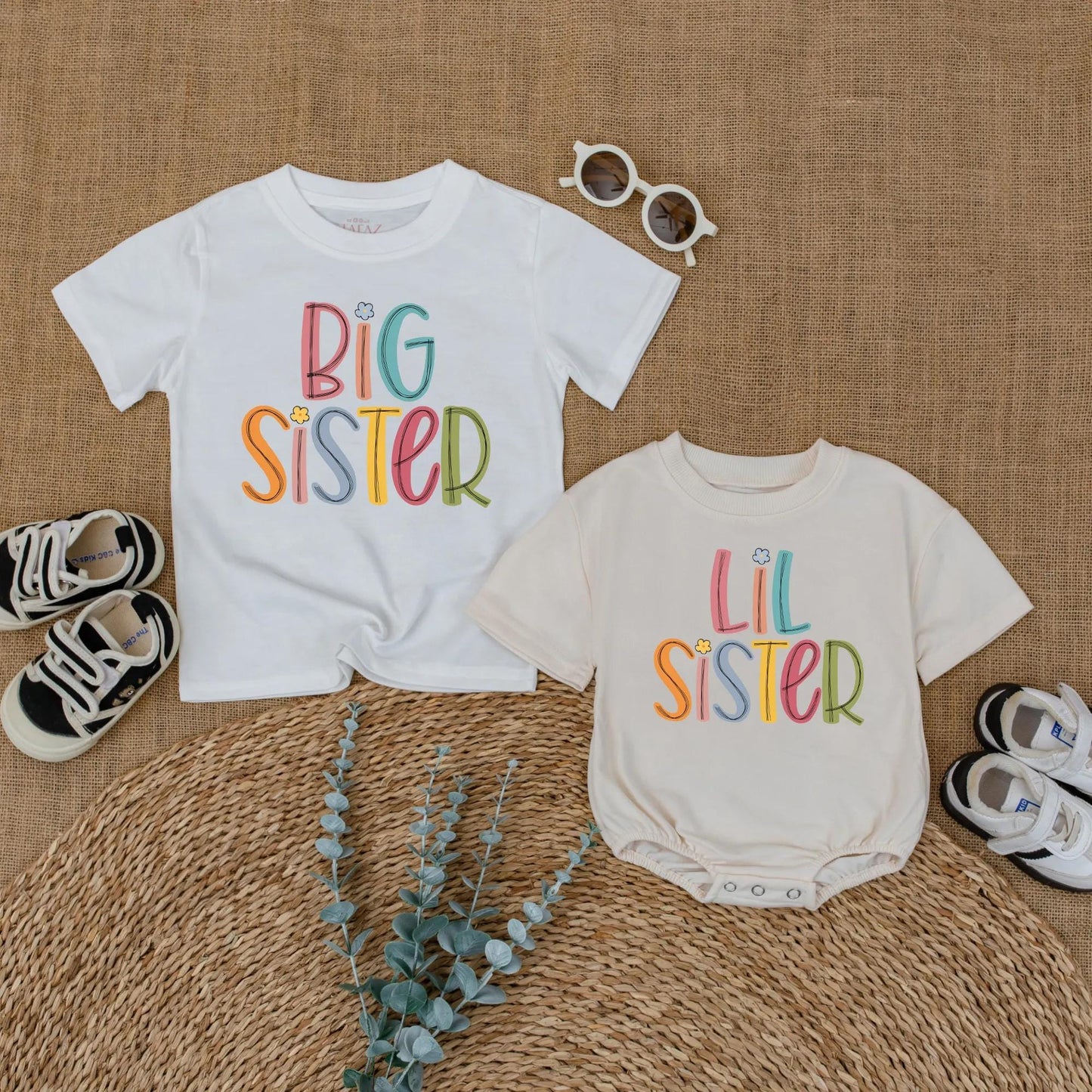 Big Sister Lil Sister Matching Colorful Floral Shirts for Baby Girls and Toddlers Sibling Gift Outfit