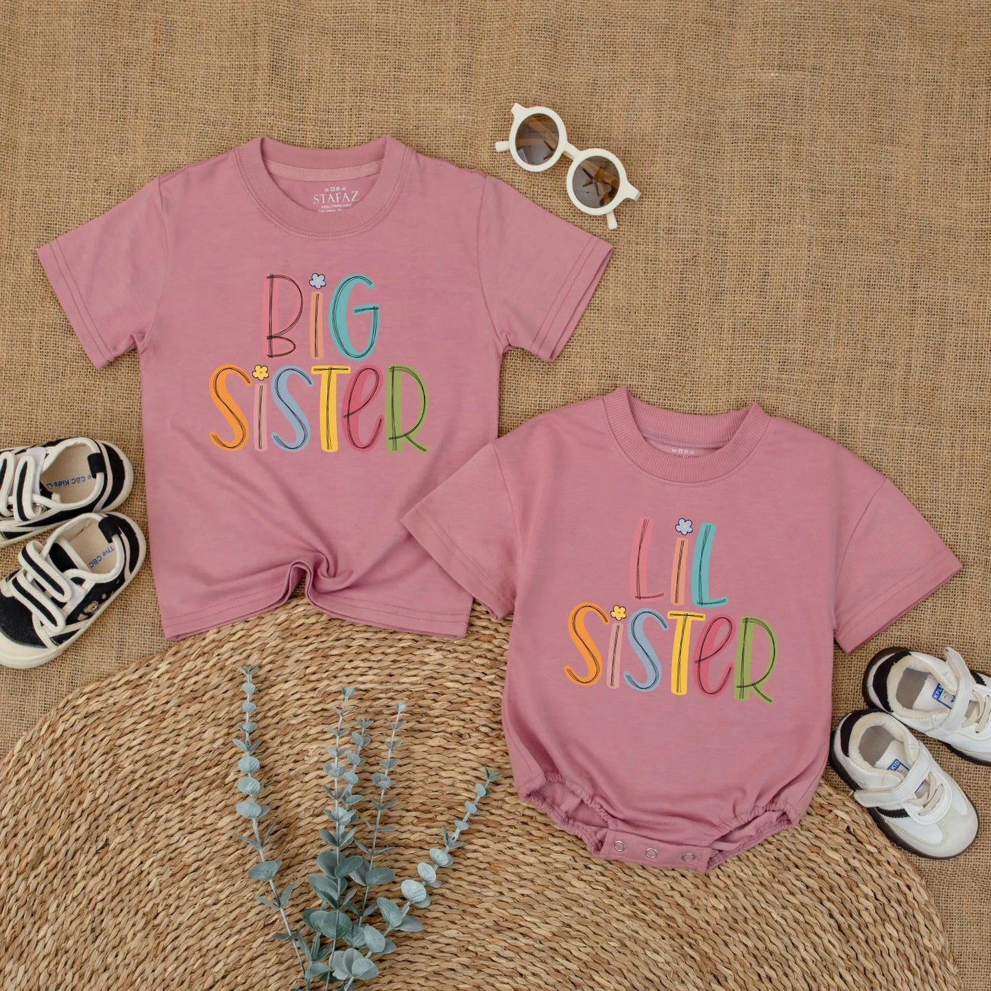 Big Sister Lil Sister Matching Colorful Floral Shirts for Baby Girls and Toddlers Sibling Gift Outfit
