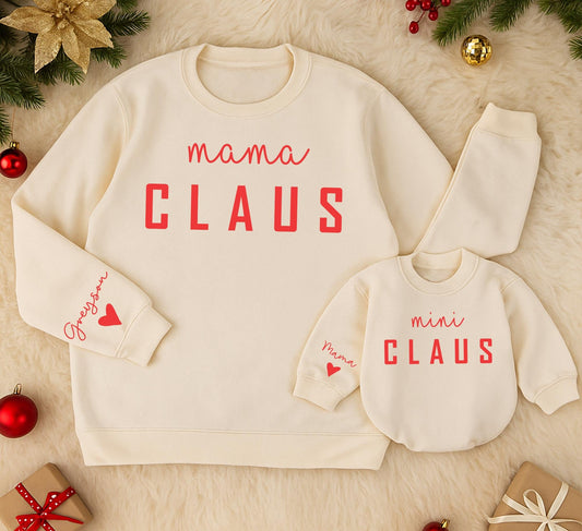 Mama Claus & Mini Claus Matching Christmas Sweaters Personalized Red Cursive Name "Greyson" Family Holiday Outfit Mother Daughter Baby Gift Cozy Winter Style