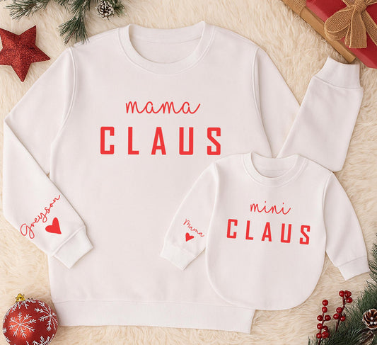 Mama Claus & Mini Claus Matching Christmas Sweaters Personalized Red Cursive Name "Greyson" Family Holiday Outfit Mother Daughter Baby Gift Cozy Winter Style