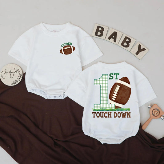 Personalized 1st Birthday Football Romper: Touchdown Outfit for Baby Boy or Girl, Custom Name Sport Bodysuit, First Game Day Party Clothes, Brown & Green