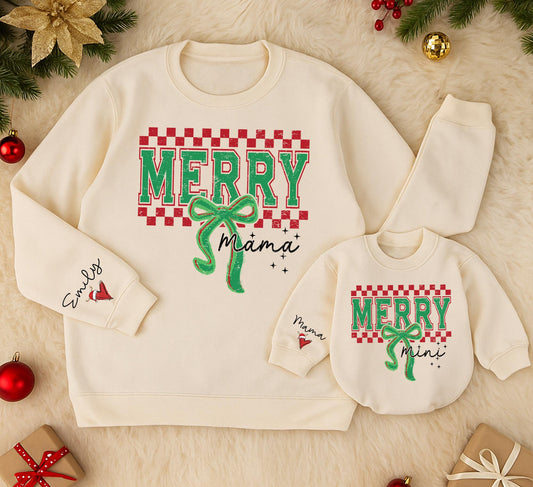 Personalized Merry Mama Mini Matching Christmas Sweatshirt Mom Daughter Baby Holiday Sweater with Emily Santa Hat Green Red Checkerboard Distressed