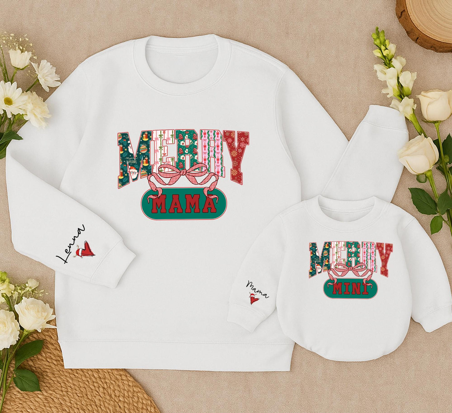 Retro Merry Mama & Mini Sweatshirt Set, Vintage Christmas Family Outfit, Red Green Pink Holiday Sweaters, Mom Daughter Matching Xmas Gift Idea 139