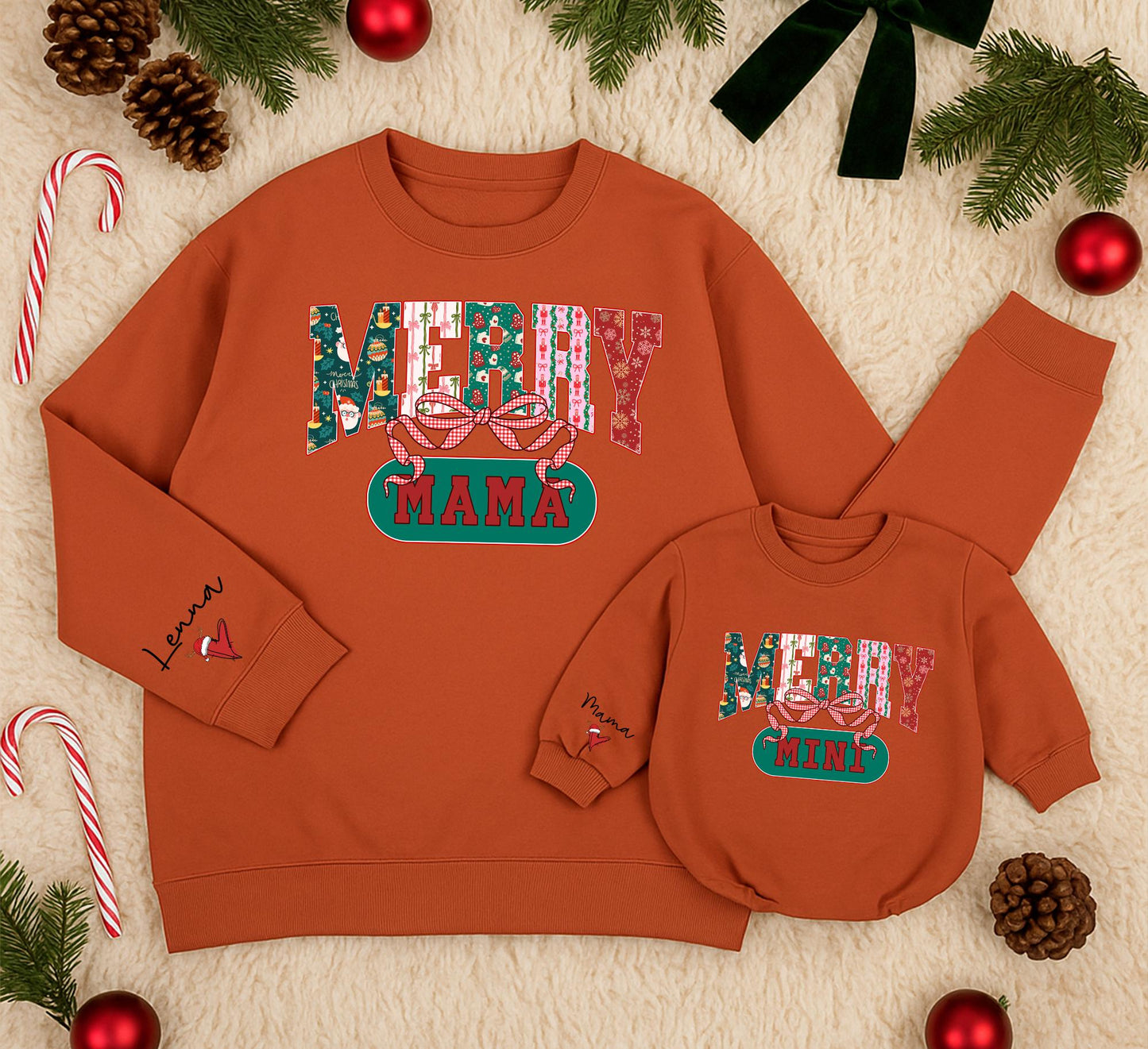 Retro Merry Mama & Mini Sweatshirt Set, Vintage Christmas Family Outfit, Red Green Pink Holiday Sweaters, Mom Daughter Matching Xmas Gift Idea 139