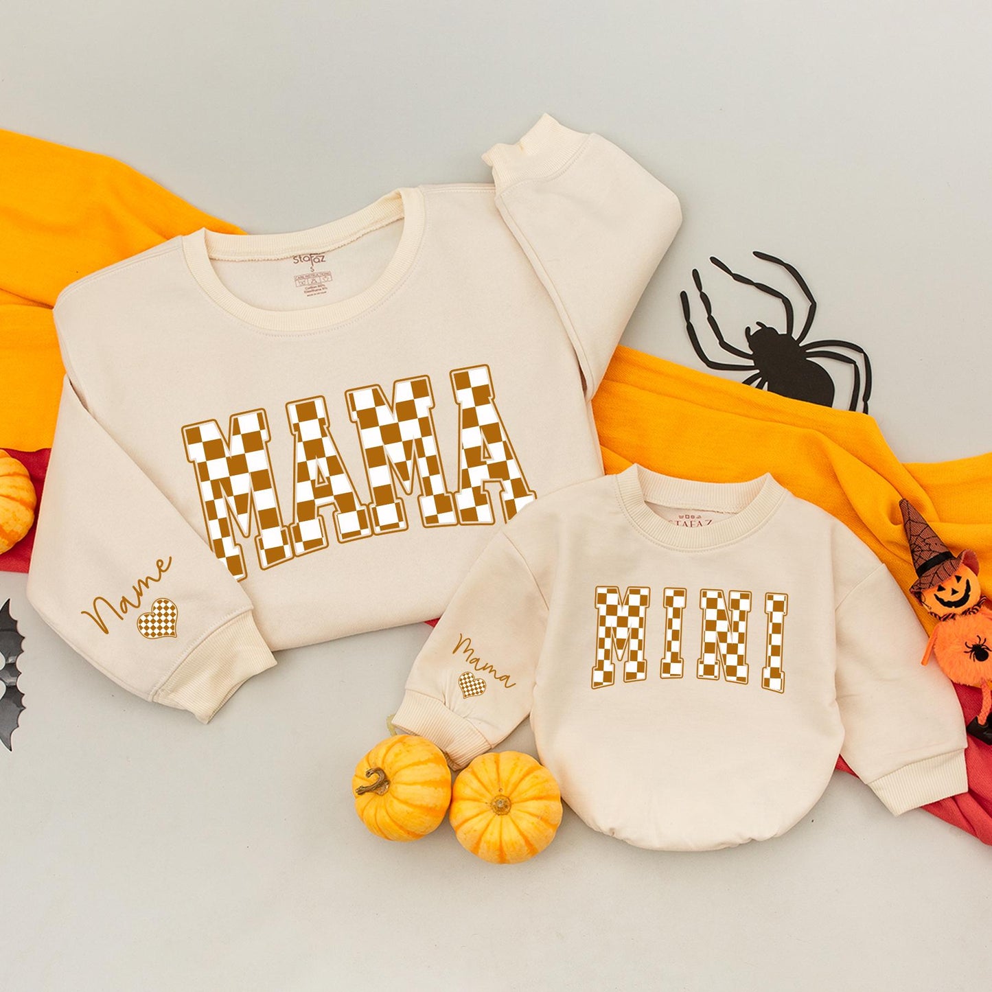 Matching Mama Mini Plaid Sweatshirt Set Fall Outfit Mom Baby Clothes Custom Name Heart, Autumn Family Matching Gifts
