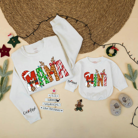 Matching Christmas Mama and Mini Sweatshirts, Festive Holiday Family Outfits with Santa Hats & Candy Cane Stripes, Mom and Daughter Gift (139 chars)