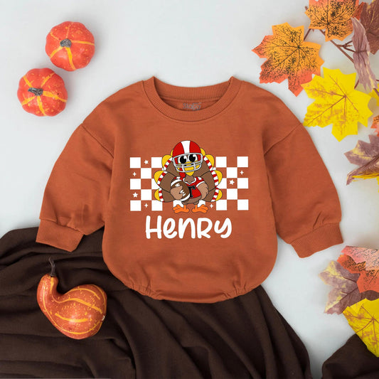 Henry's First Thanksgiving Football Romper, Custom Turkey Day Baby Outfit, Game Day Bodysuit, Fall Sport Clothes, Personalized Little Turkey Romper (139 chars)