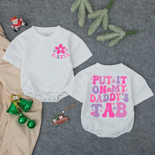 Custom Put It On Daddy's Tab Baby Girl Romper, Funny Father's Day Gift for New Dad, Pink Flower Design Toddler Outfit