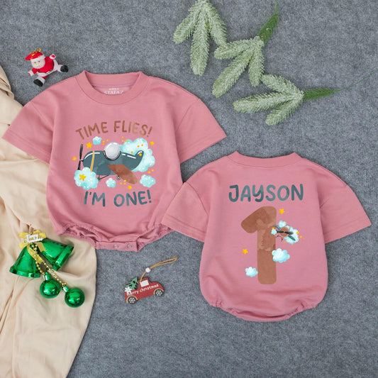 Personalized Time Flies Baby Romper First Birthday Outfit I'm One Airplane Theme Gift for Boys with Custom Name