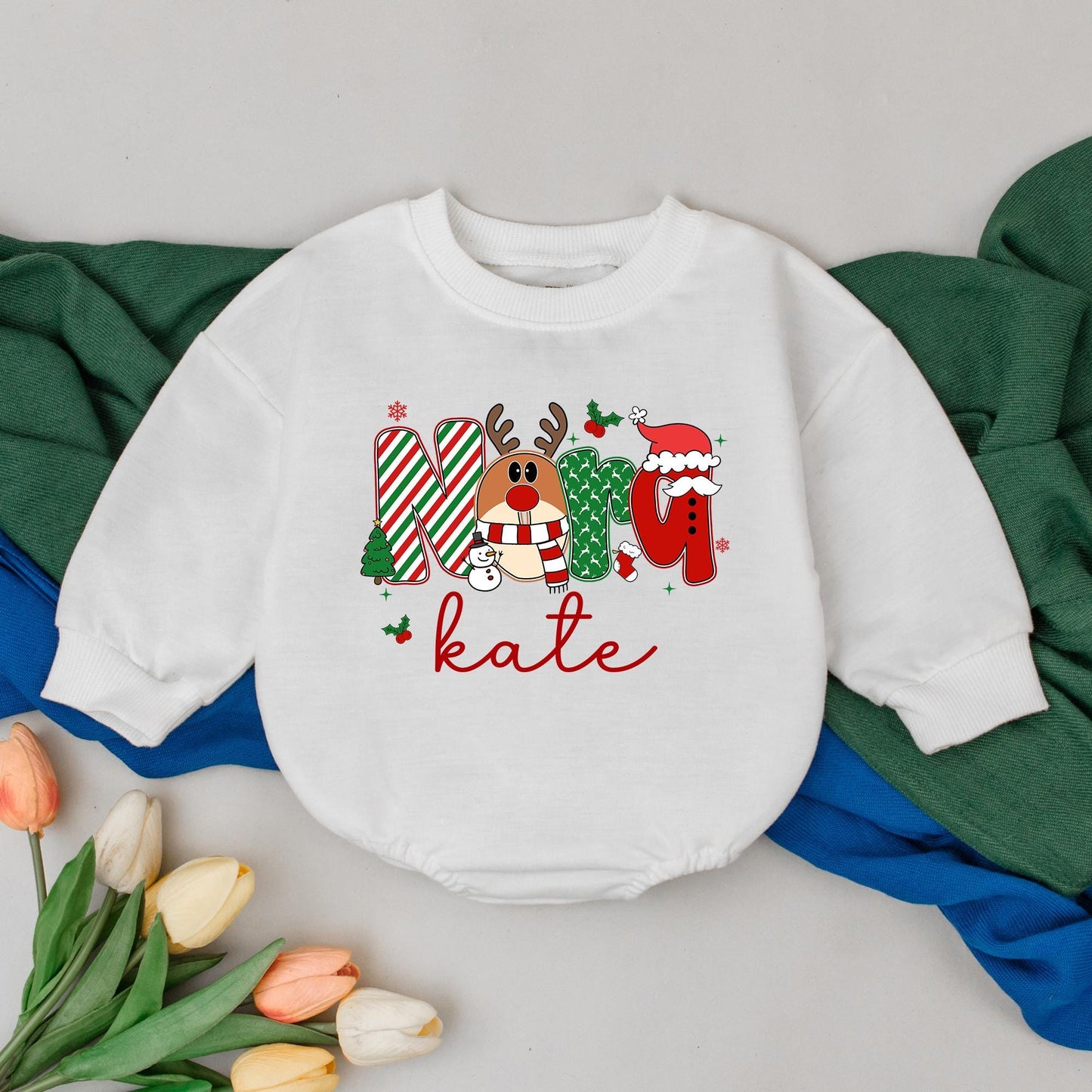 Personalized MAMA Christmas Baby Romper with 'kate' Name, Festive Reindeer Candy Cane Tree Santa Design, Winter Baby Girl Outfit First Xmas Gift