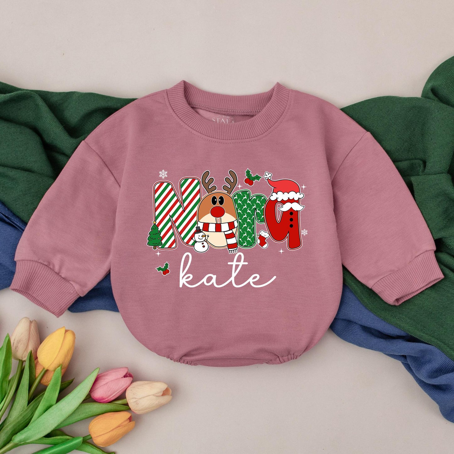 Personalized MAMA Christmas Baby Romper with 'kate' Name, Festive Reindeer Candy Cane Tree Santa Design, Winter Baby Girl Outfit First Xmas Gift