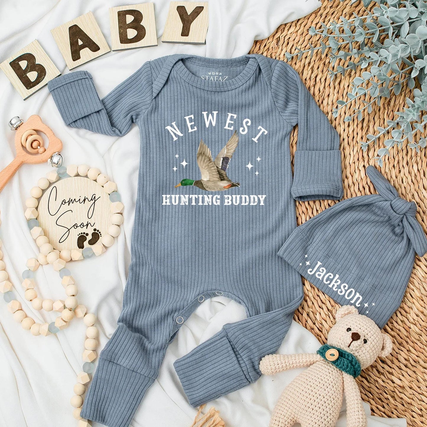 Newest Hunting Buddy Baby Bodysuit, Duck in Flight Newborn Outfit, Baby Boy Clothes, Hunting Season Gift