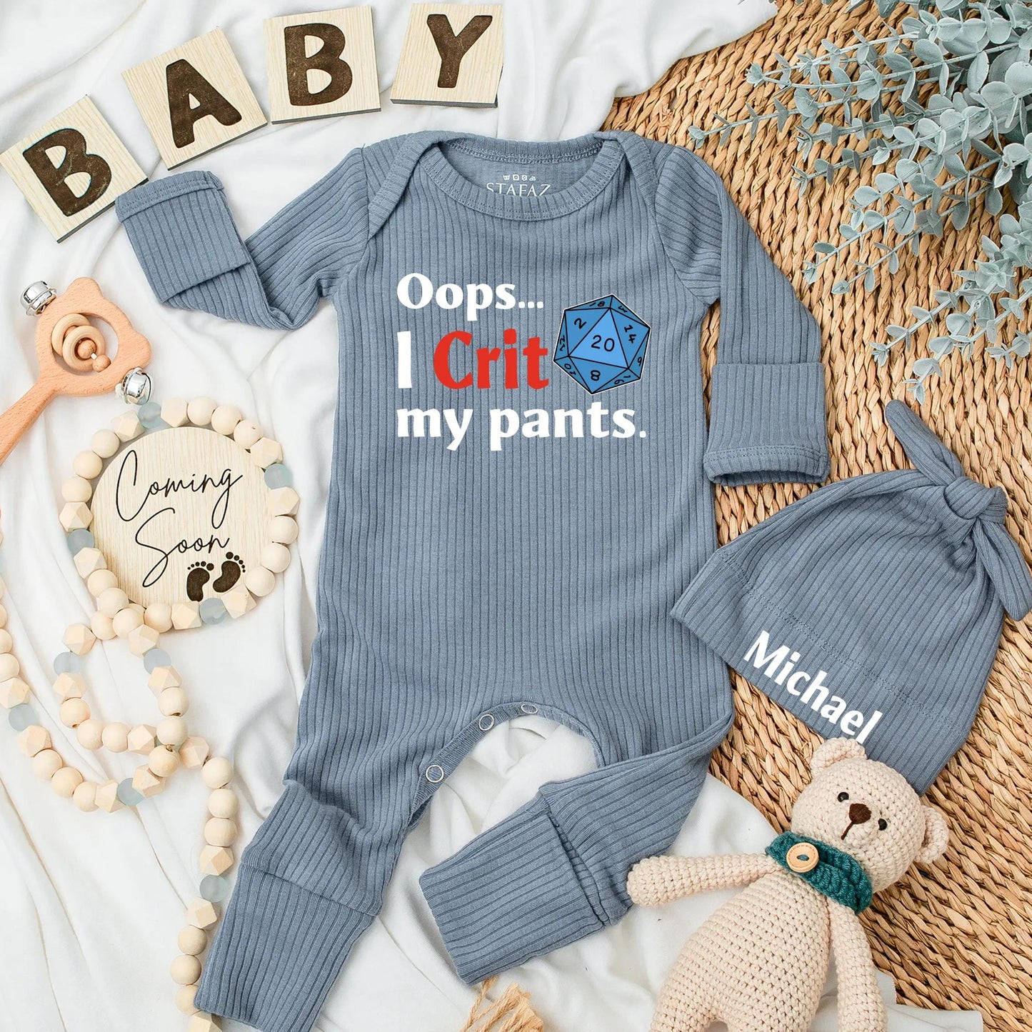 Oops I Crit My Pants Baby Bodysuit with Blue D20 Dice Design, Nerdy Newborn Outfit, Hilarious Baby Shower Gift for Gaming Parents, Funny Pregnancy Reveal, Gender Neutral Cotton Baby Clothes