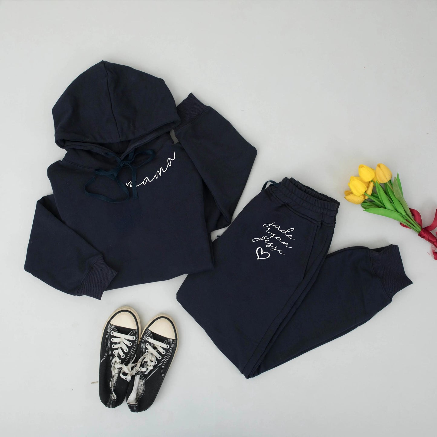 Custom Mama Hoodie and Sweatpants Set with Kid Names Minimalist Heart Design Comfortable Cotton Soft Everyday Wear Perfect Mom Gift