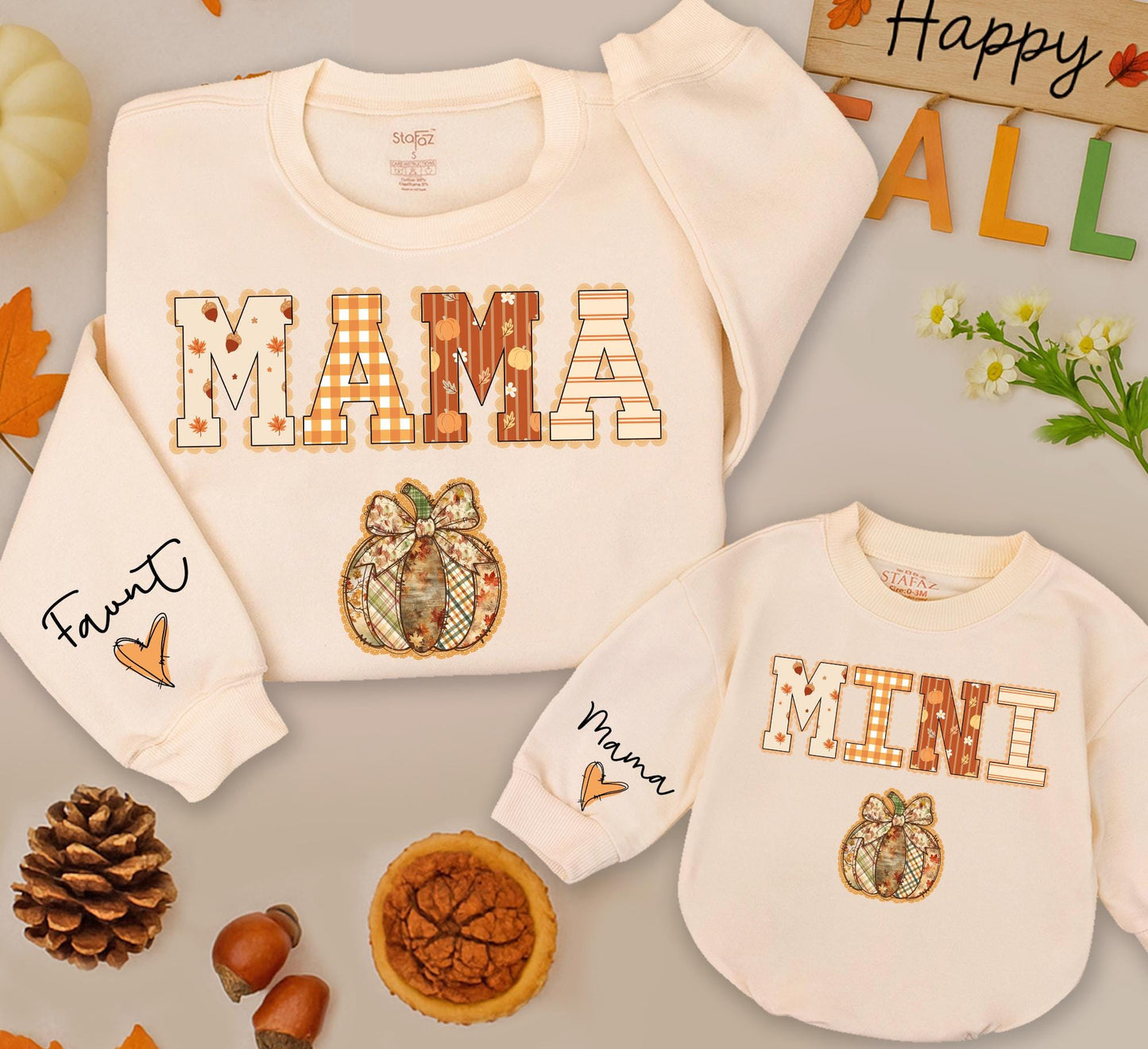 Mommy and Me Matching Fall Sweatshirts Mama Mini Pumpkin Lace Plaid Rustic Design with Autumn Leaves for Cozy Mom Daughter Halloween