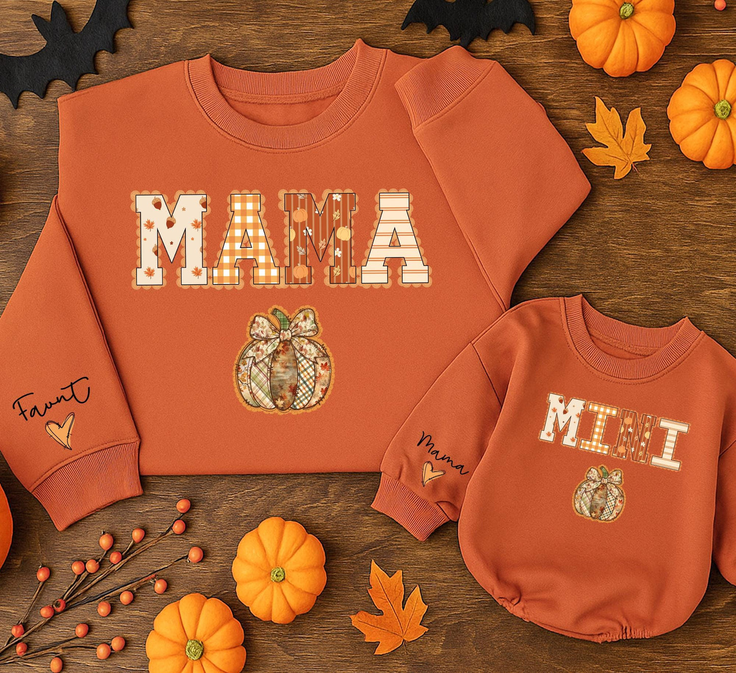 Mommy and Me Matching Fall Sweatshirts Mama Mini Pumpkin Lace Plaid Rustic Design with Autumn Leaves for Cozy Mom Daughter Halloween