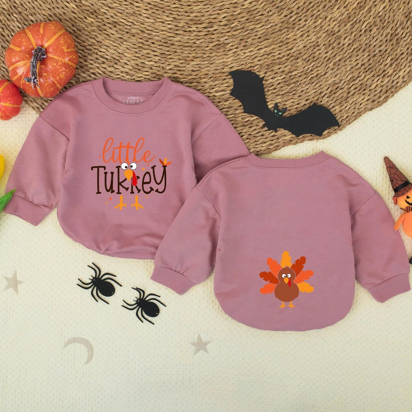 Little Turkey Retro Thanksgiving Baby Romper Orange Brown Cartoon Turkey Head Cute Baby Girl Outfit Soft Cotton Comfortable Holiday Gift