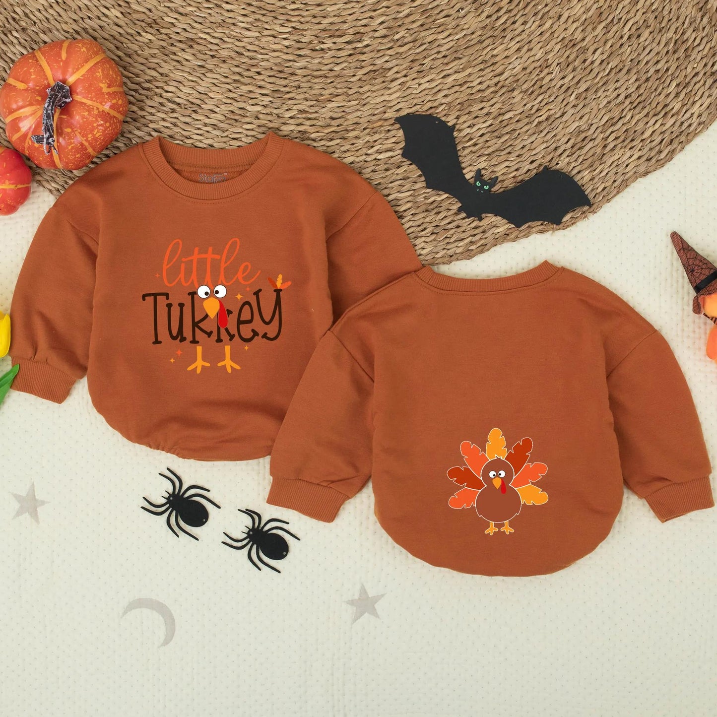 Little Turkey Retro Thanksgiving Baby Romper Orange Brown Cartoon Turkey Head Cute Baby Girl Outfit Soft Cotton Comfortable Holiday Gift