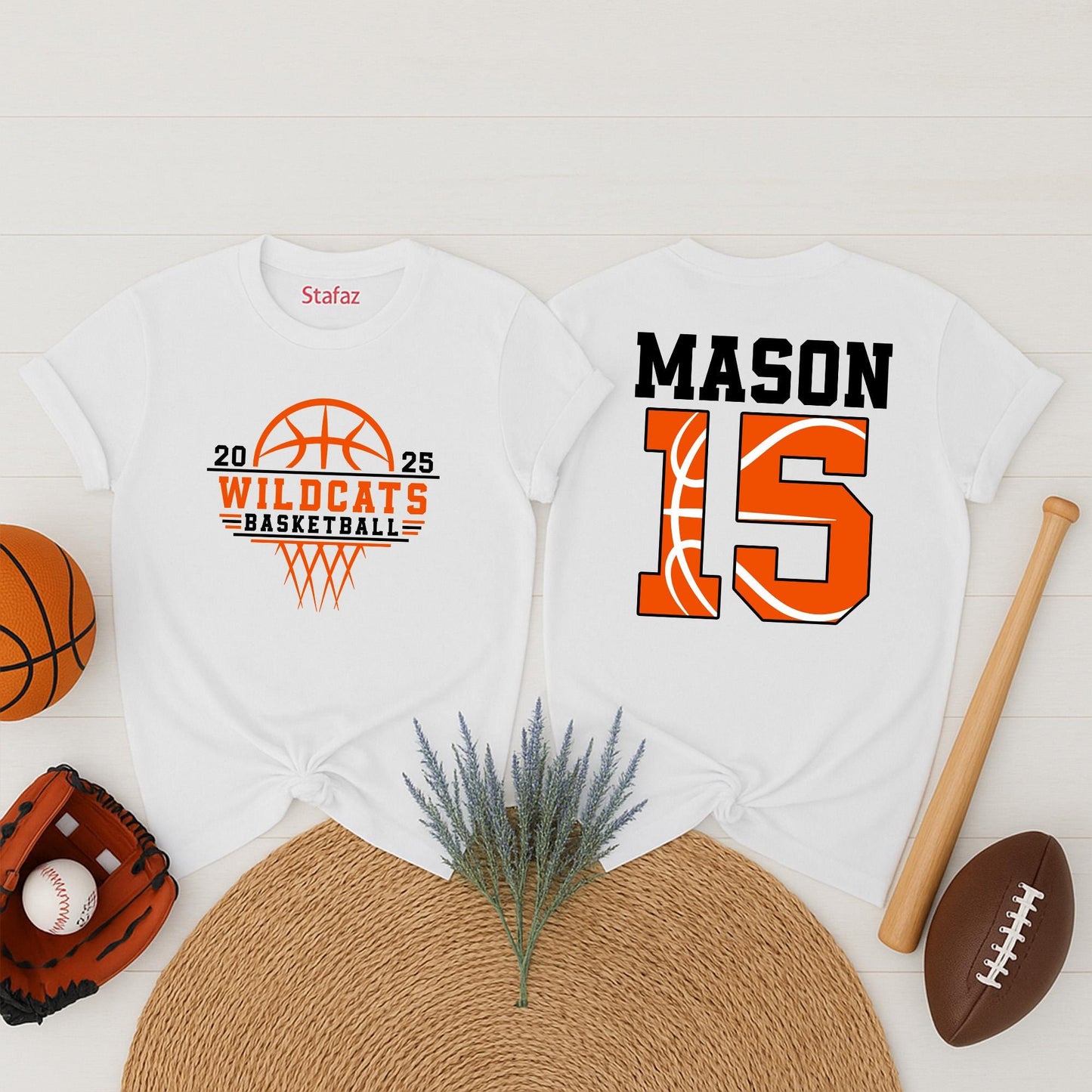 Wildcats Basketball Mom Shirt Personalized with Number & Name, Game Day Cheer Tee, Custom Team Mascot Gift for Basketball Lovers, Orange & White Design