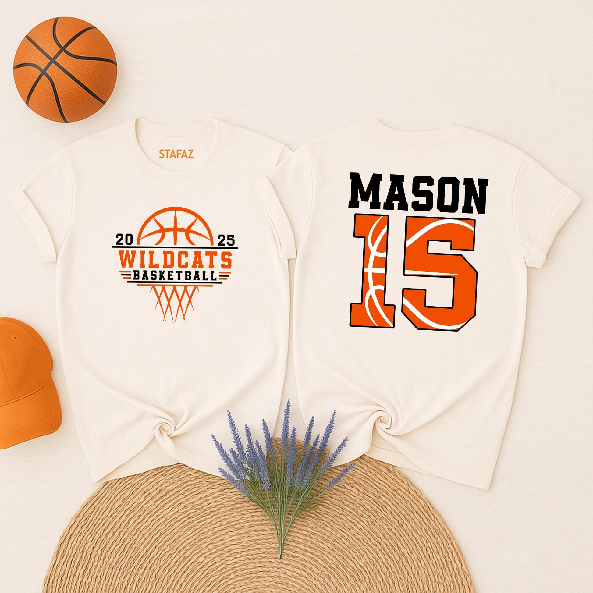 Wildcats Basketball Mom Shirt Personalized with Number & Name, Game Day Cheer Tee, Custom Team Mascot Gift for Basketball Lovers, Orange & White Design