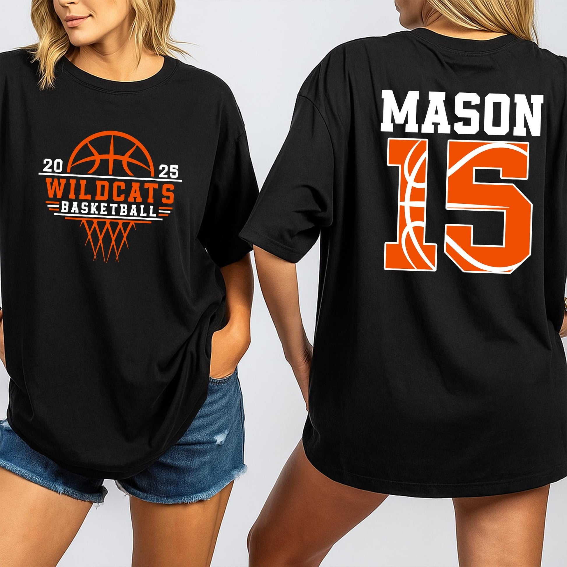 Wildcats Basketball Mom Shirt Personalized with Number & Name, Game Day Cheer Tee, Custom Team Mascot Gift for Basketball Lovers, Orange & White Design