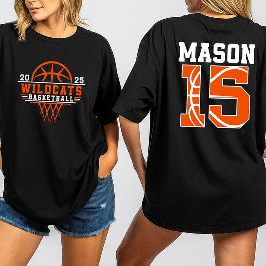 Wildcats Basketball Mom Shirt Personalized with Number & Name, Game Day Cheer Tee, Custom Team Mascot Gift for Basketball Lovers, Orange & White Design