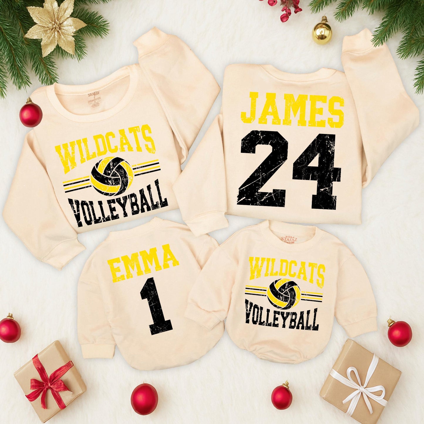Wildcats Volleyball Mom Sweatshirt Custom Name Number, Game Day Sports Team Sweater Personalized High School Volleyball Fan Gift Yellow Black Design