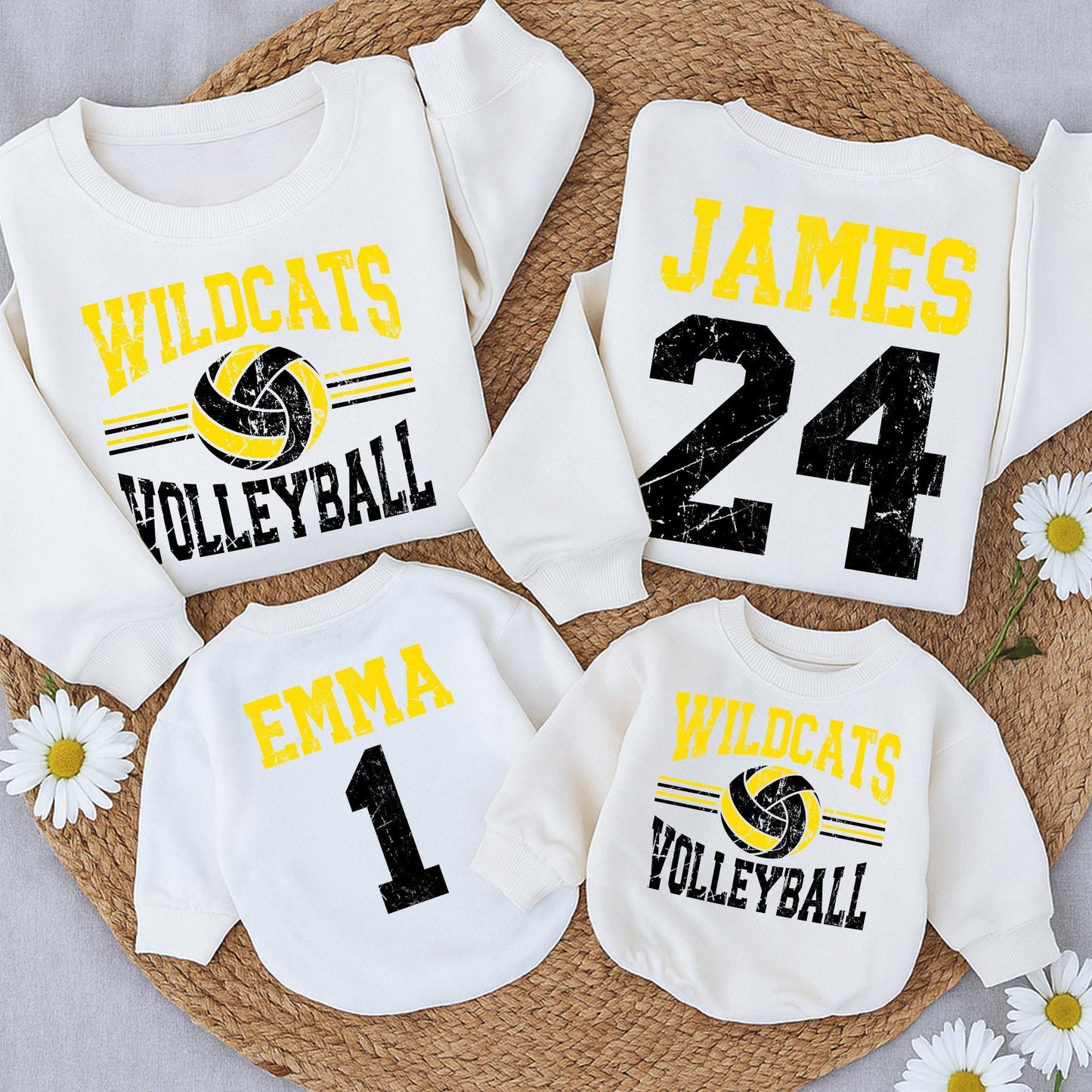 Wildcats Volleyball Mom Sweatshirt Custom Name Number, Game Day Sports Team Sweater Personalized High School Volleyball Fan Gift Yellow Black Design