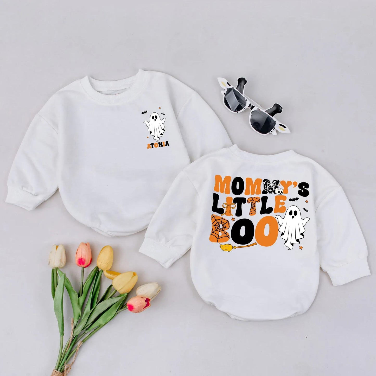 Mommy's Little Boo Romper Orange Black Ghost Spooky Cute Baby's First Halloween Costume Newborn Bodysuit Cartoonish Style Fall Season Gift Stars