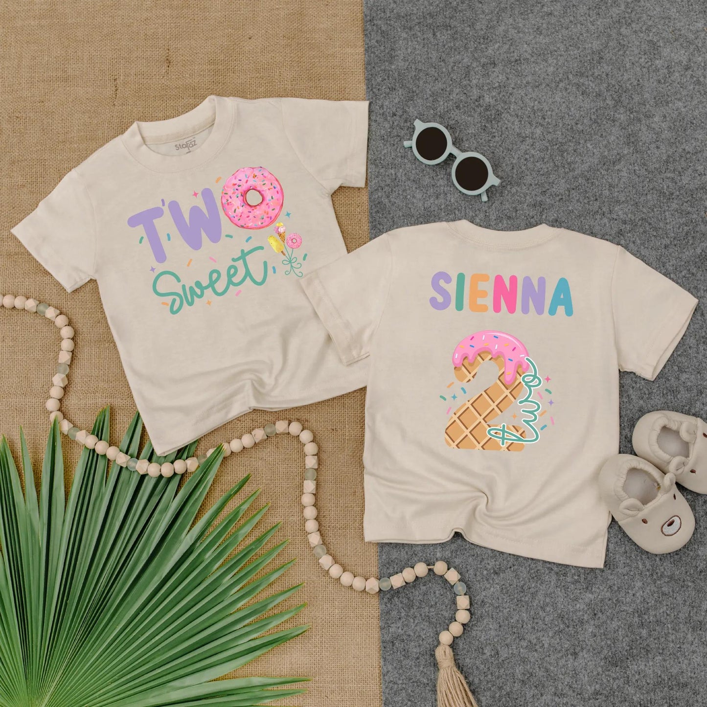 Personalized Two Sweet Birthday Girl T-Shirt: Custom Name Sienna Ice Cream Donut Second Birthday Outfit Toddler Kids 2 Year Old Party Tee, Cute Gift