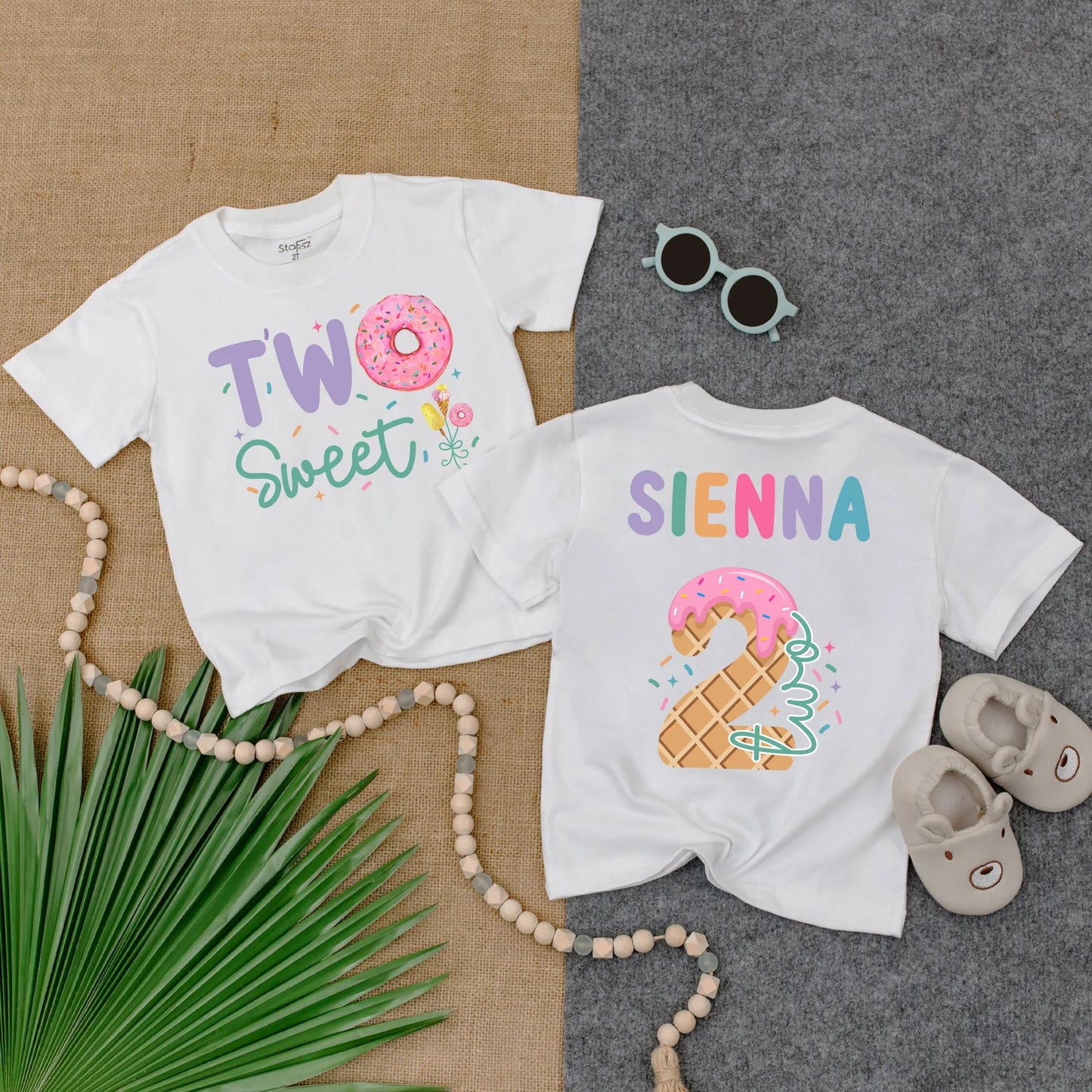 Personalized Two Sweet Birthday Girl T-Shirt: Custom Name Sienna Ice Cream Donut Second Birthday Outfit Toddler Kids 2 Year Old Party Tee, Cute Gift