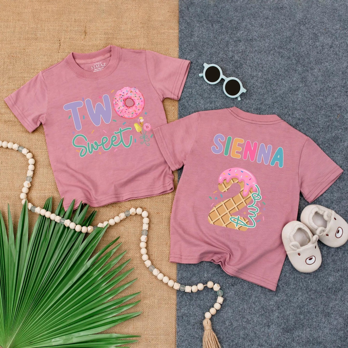 Personalized Two Sweet Birthday Girl T-Shirt: Custom Name Sienna Ice Cream Donut Second Birthday Outfit Toddler Kids 2 Year Old Party Tee, Cute Gift