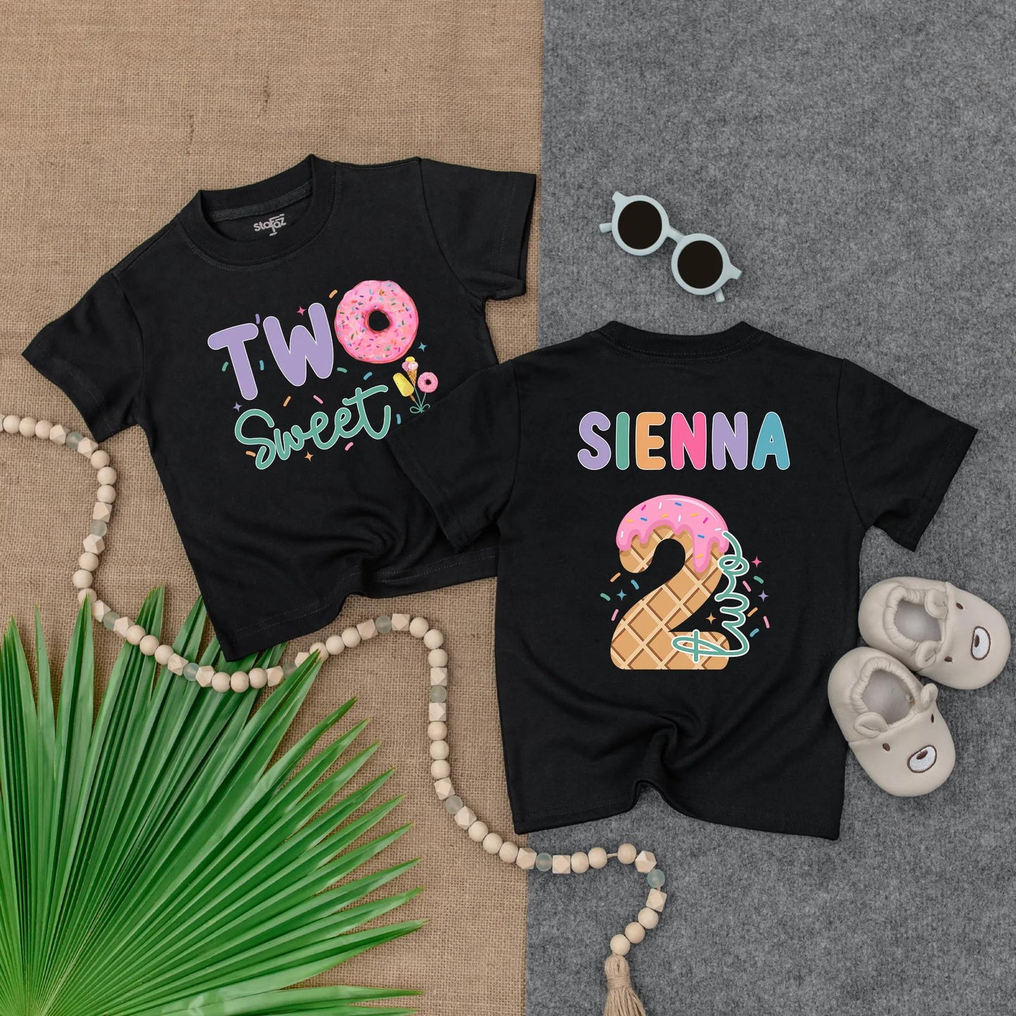 Personalized Two Sweet Birthday Girl T-Shirt: Custom Name Sienna Ice Cream Donut Second Birthday Outfit Toddler Kids 2 Year Old Party Tee, Cute Gift
