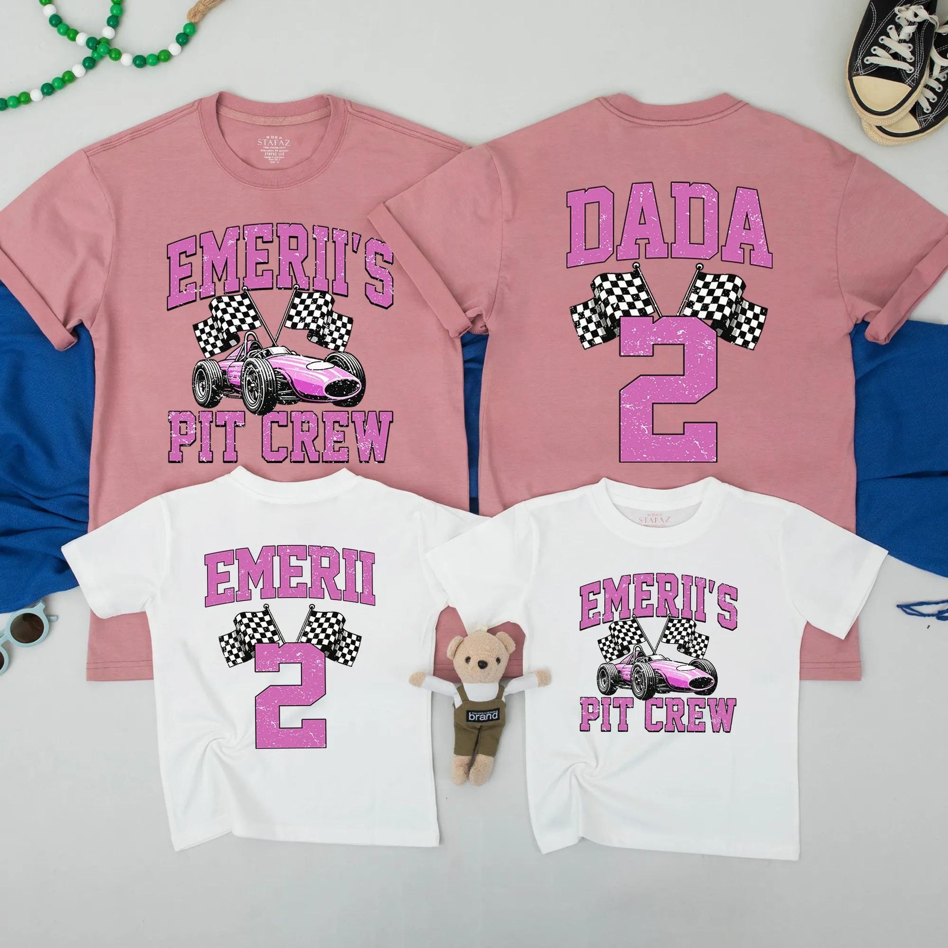 Two Fast Birthday Family Matching T-Shirts Race Car Pit Crew Dada & Girl Celebration Outfits Retro Pink Design