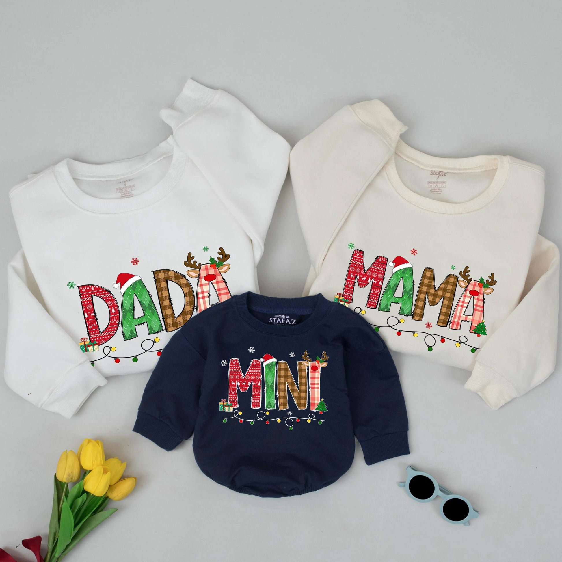 Festive Christmas Mama Mini Matching Family Sweatshirt with Playful Patterned Letters Santa Hats Reindeer Antlers Presents Trees Holiday Celebration
