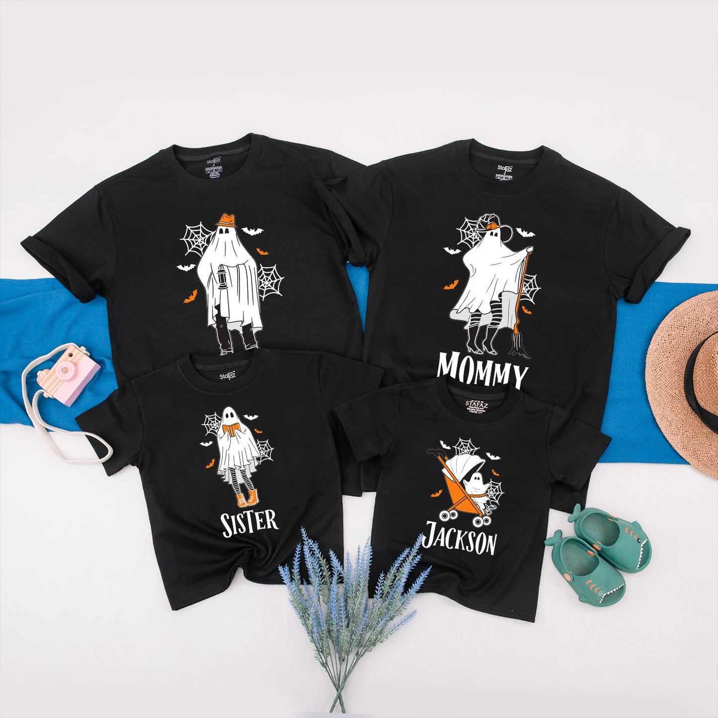 Spooky Ghost Family Matching Halloween Shirts, Personalized with Names - Cute Outfits for Kids and Adults, Fun Spooky Season Birthday Ghoul Tees