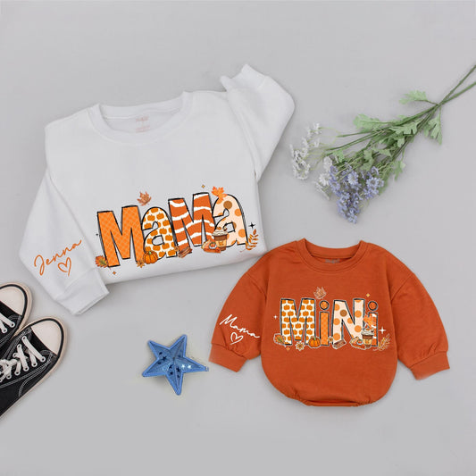Matching Fall Mama Mini Sweatshirts, Retro Thanksgiving Family Outfits, Personalized Mommy and Me Set, Pumpkin Design, Baby, Toddler