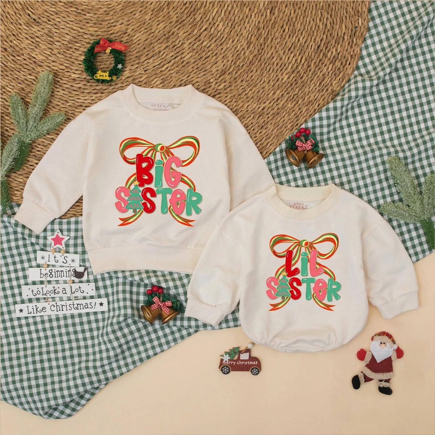 Christmas Matching Big Sister Lil Sister Sweatshirts Festive Bow Design Red Pink Green Holiday Sibling Announcement Baby Toddler Girl Gift