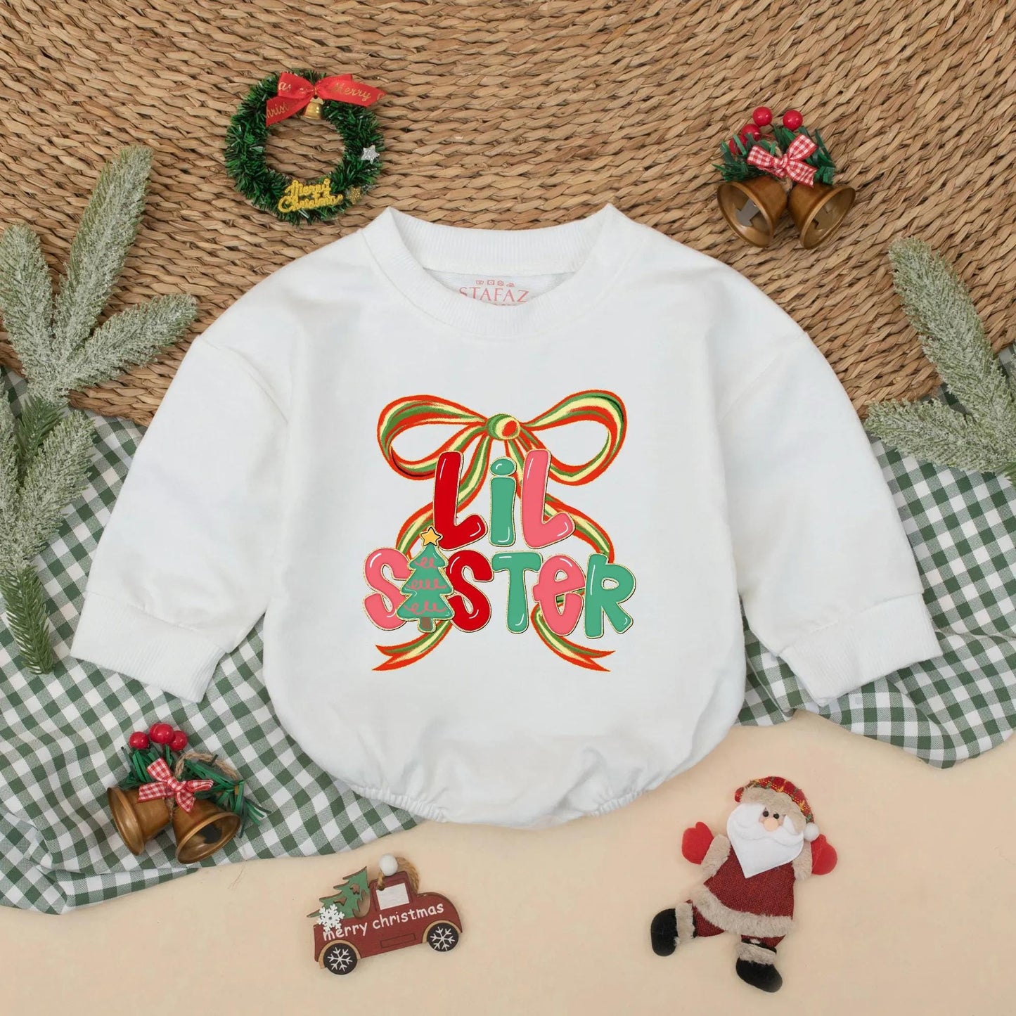 Christmas Matching Big Sister Lil Sister Sweatshirts Festive Bow Design Red Pink Green Holiday Sibling Announcement Baby Toddler Girl Gift