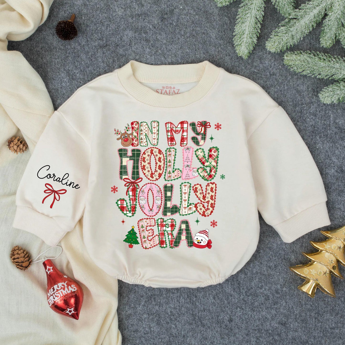 Custom In My Holly Jolly Era Christmas Baby Girl Bubble Romper Outfit, Personalized Toddler Holiday Bodysuit, Winter Baby Shower Gift