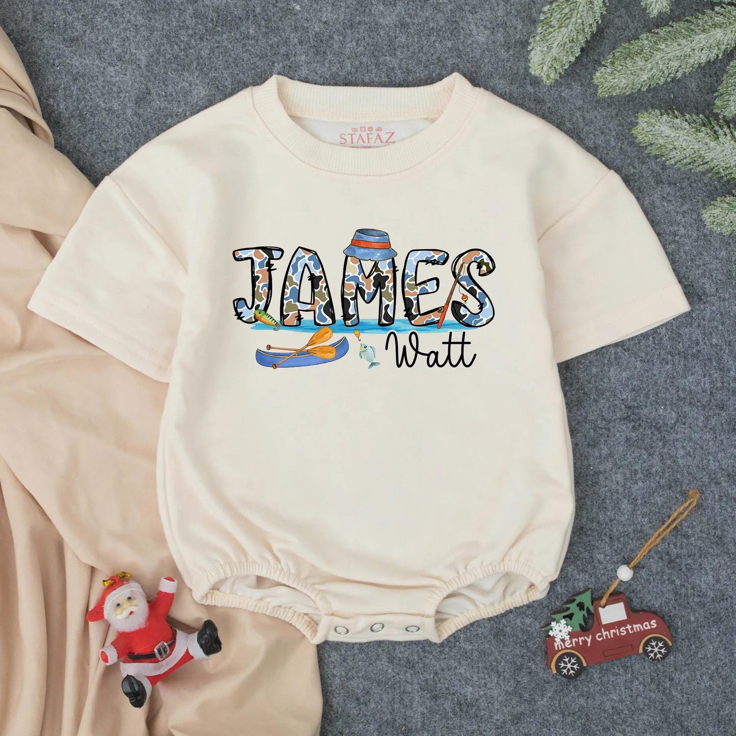 James Watt Fishing Adventure Romper: Southern Boy Style! Blue Camo Baby Bodysuit, Lures & Fish Design, Whimsical Personalized Outfit, Shower Gift 138