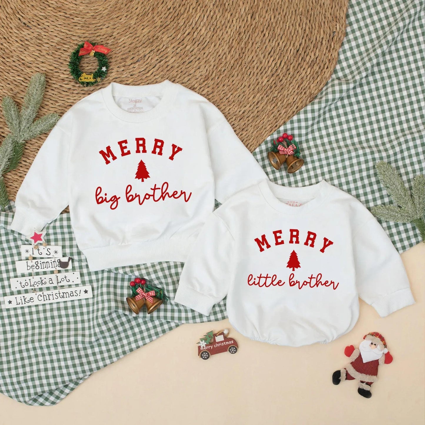 Merry Christmas Matching Family Sweatshirts Big Sister Little Sister Big Brother Outfits Red Tree Design Holiday Gift