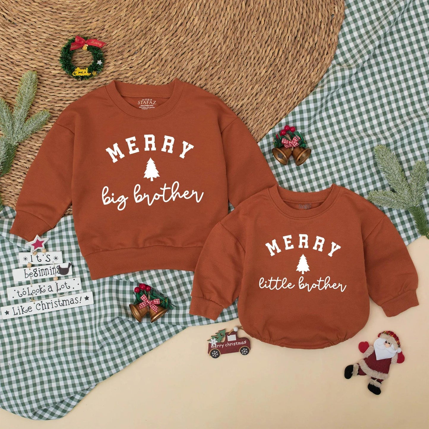 Merry Christmas Matching Family Sweatshirts Big Sister Little Sister Big Brother Outfits Red Tree Design Holiday Gift
