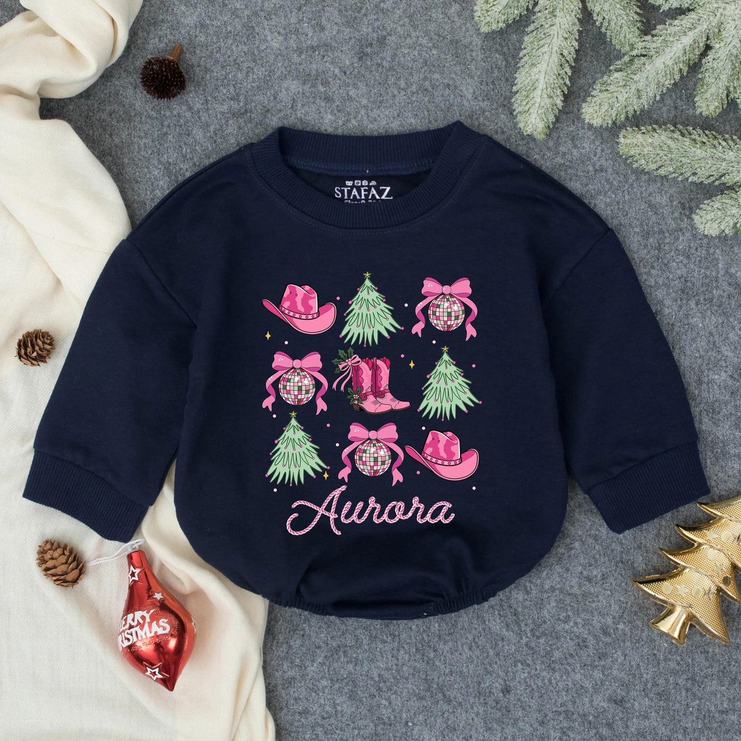 Aurora Howdy Girl Christmas Romper Pink Cowboy Boots Holly Christmas Trees Western Toddler Infant Holiday Outfit Gift