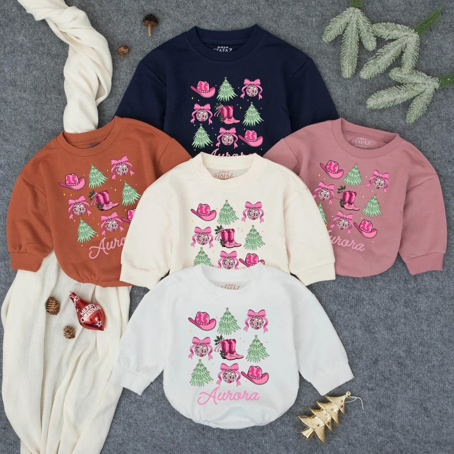 Aurora Howdy Girl Christmas Romper Pink Cowboy Boots Holly Christmas Trees Western Toddler Infant Holiday Outfit Gift