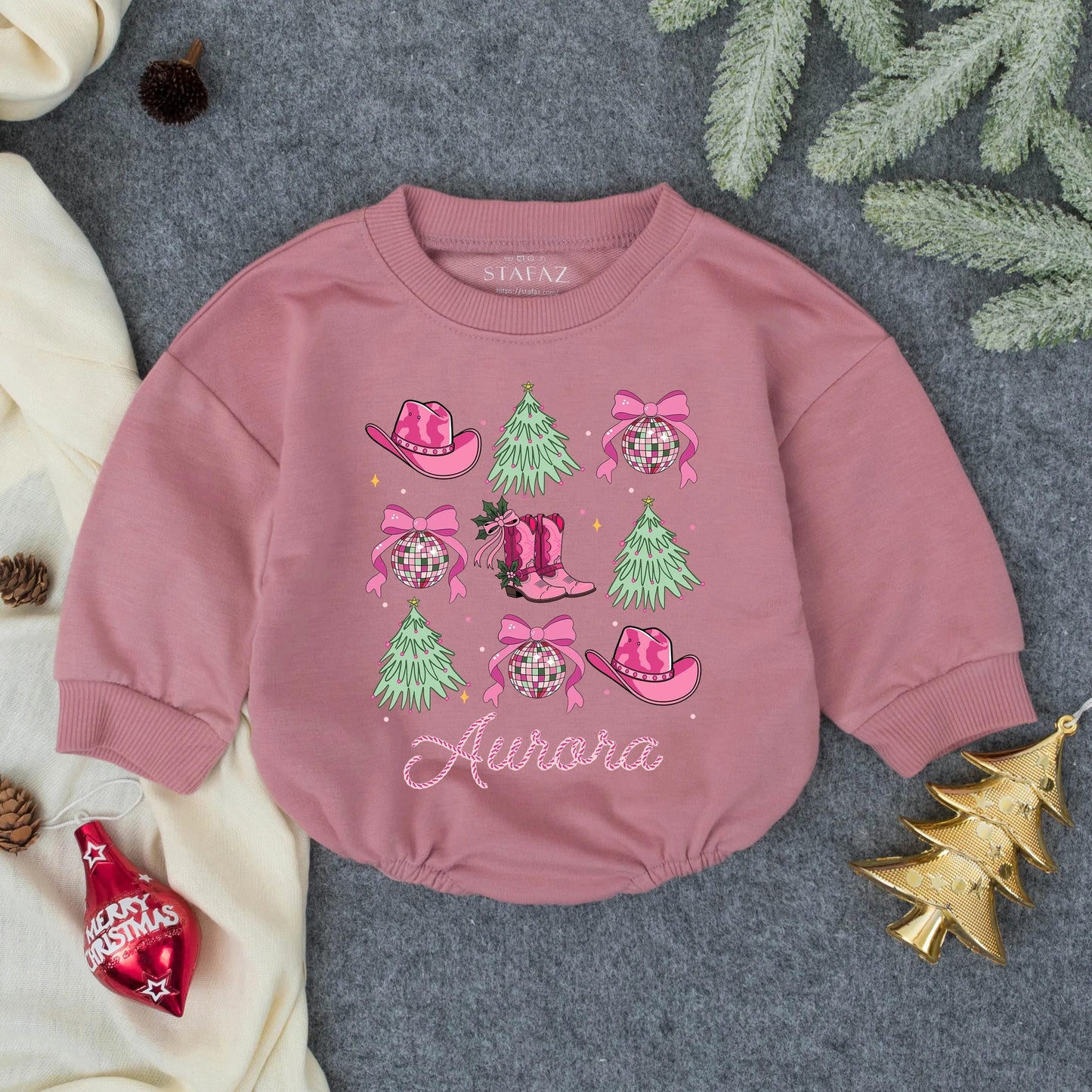 Aurora Howdy Girl Christmas Romper Pink Cowboy Boots Holly Christmas Trees Western Toddler Infant Holiday Outfit Gift