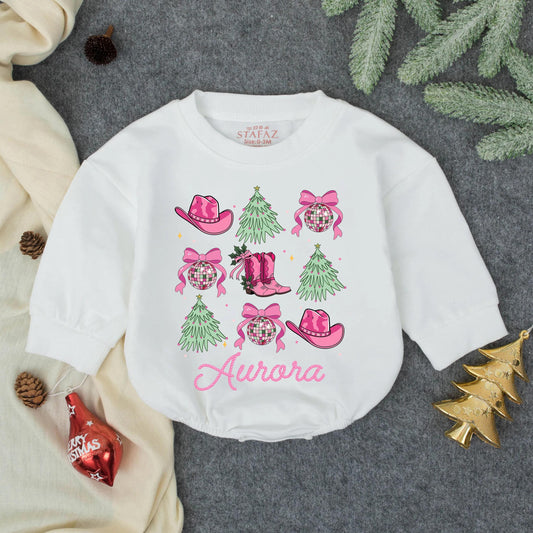 Aurora Howdy Girl Christmas Romper Pink Cowboy Boots Holly Christmas Trees Western Toddler Infant Holiday Outfit Gift