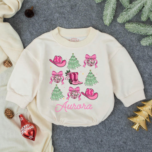 Aurora Howdy Girl Christmas Romper Pink Cowboy Boots Holly Christmas Trees Western Toddler Infant Holiday Outfit Gift