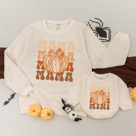 Retro Mama and Mini Matching Sweatshirts Pumpkin Bow Fall Family Outfit Set Vintage Autumn Style Mommy and Me Pumpkin Season Soft Cotton Thanksgiving 138