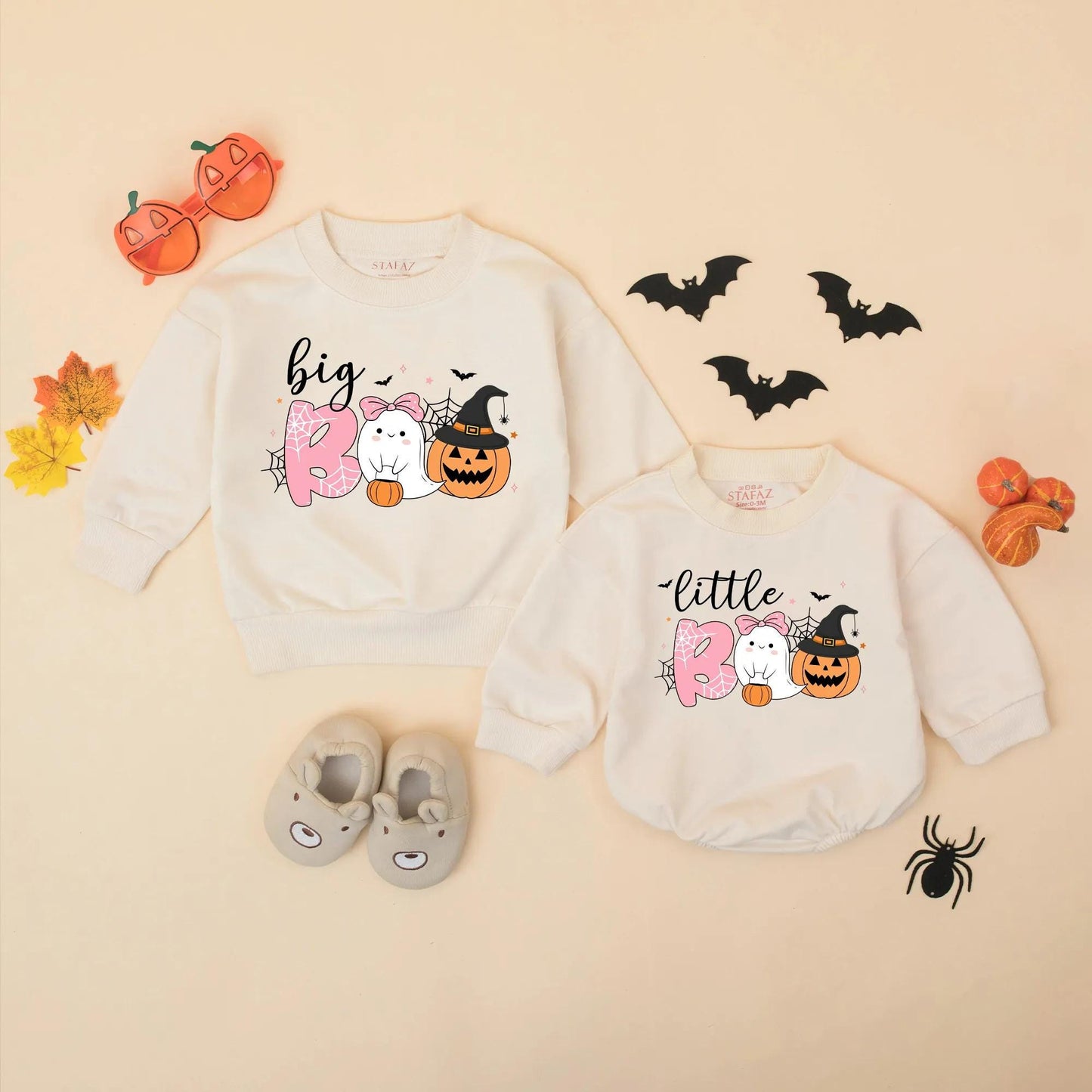 Matching Sister Halloween Sweatshirt Romper Set, Little Boo Ghost Pumpkin Outfit, Cute Toddler Family Fall Sweaters, Spooky Season Gift Idea (139 chars)